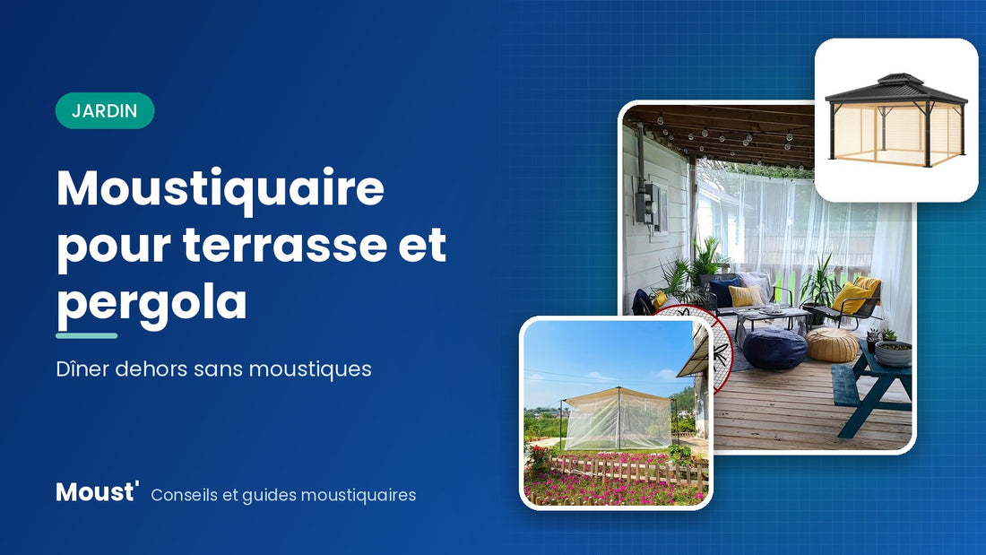 Voilages blancs anti-moustiques sur une pergola de terrasse