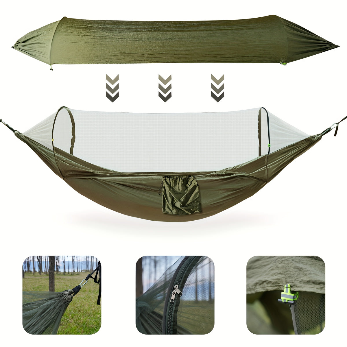Hamac de camping pliable 3-en-1 avec moustiquaire et toile pare-soleil, vert