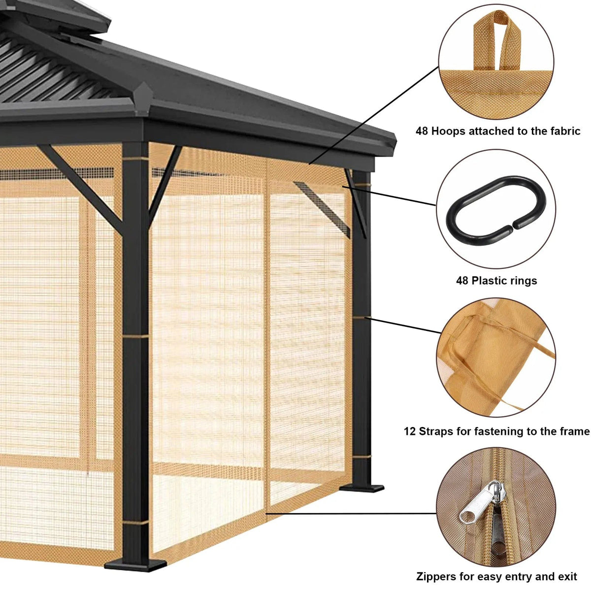 Moustiquaire de gazebo extérieur universel 4 panneaux avec fermetures à glissière, vue 2